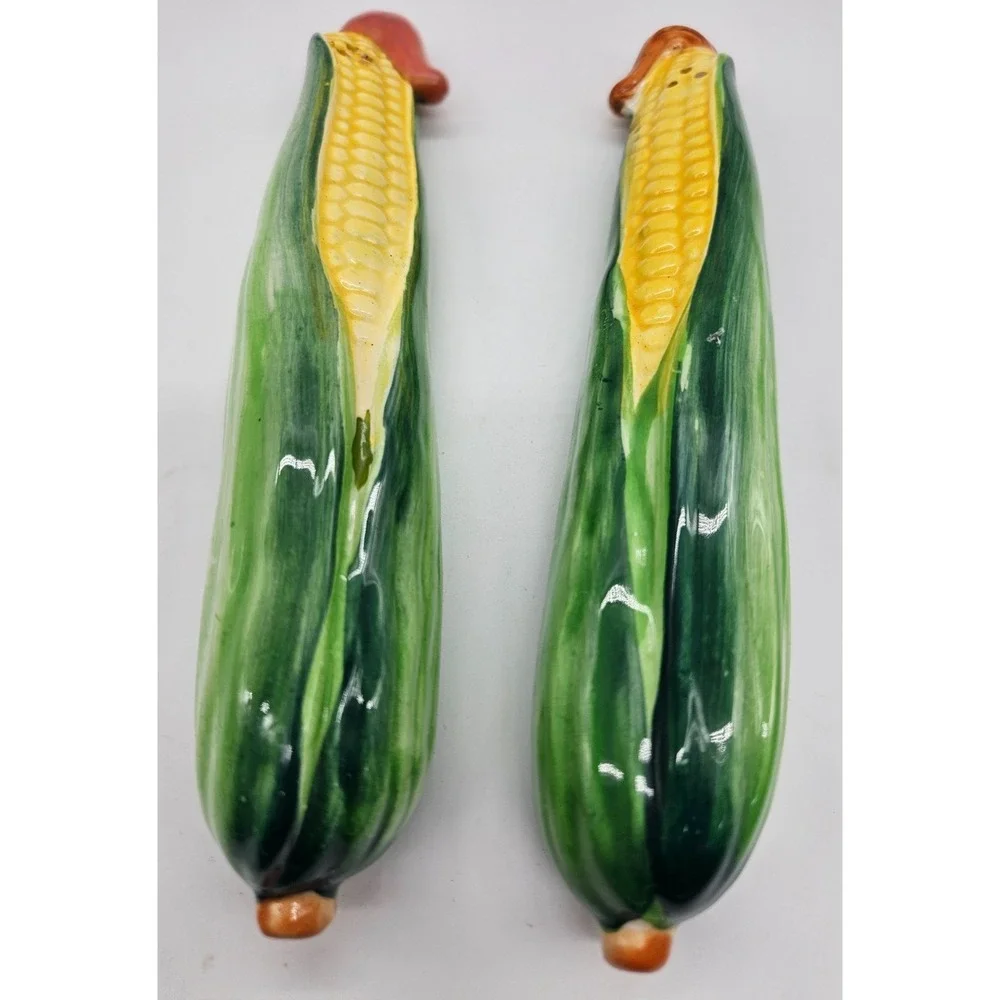 Vintage Ucagco Japan Ceramic Corn on the Cob Salt Pepper Shaker Set Green Yellow